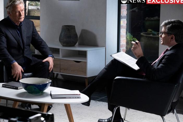 Alec Baldwin and anchor George Stephanopoulos talk during the ABC News special <em>Alec Baldwin Unscripted</em>.