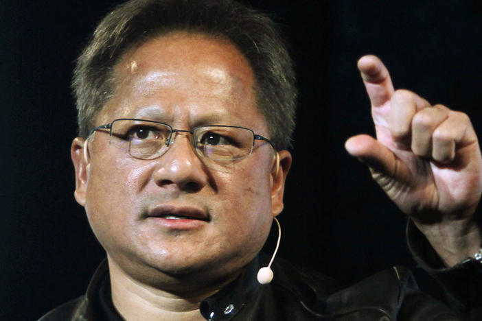 In this file photo, Nvidia CEO Jensen Huang delivers a speech about AI and gaming.