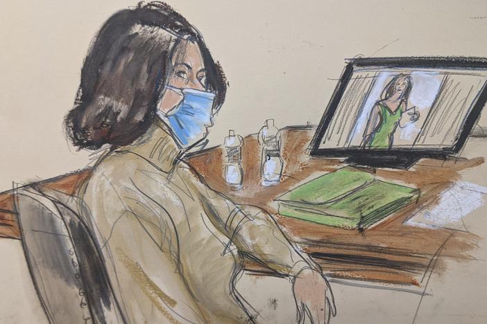 In this courtroom sketch, Ghislaine Maxwell is seated at the defense table while watching the testimony of witnesses during her trial on Tuesday in New York.