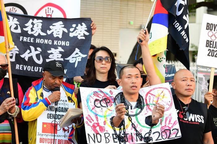 Activists rally in front of the Chinese Consulate in Los Angeles last month, calling for a boycott of the 2022 Beijing Winter Olympics due to concerns over China's human rights record.