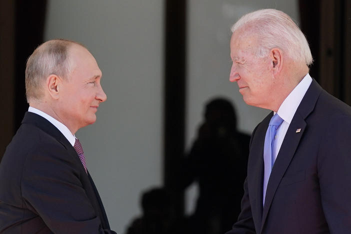 President Biden and Russian President Vladimir Putin arrive to meet in Geneva, Switzerland, on June 16.