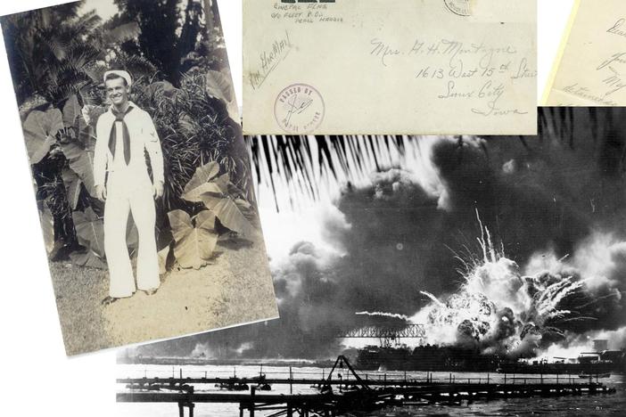 Art Montagne in Honolulu, 1940; his letter to his mom, December 1941; and the American destroyer USS Shaw exploding during the Japanese attack on Pearl Harbor on December 7, 1941.