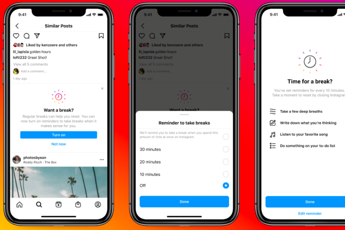 Instagram users can now set a reminder to take a break from the app. Users under 18 will see a special prompt encouraging them to turn it on.