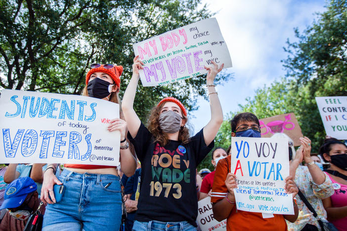 Demonstrators rally against laws the limit access to abortion at the Texas State Capitol on October 2, 2021 in Austin, Texas. The Women's March and other groups organized marches across the country to protest a new abortion law in Texas.