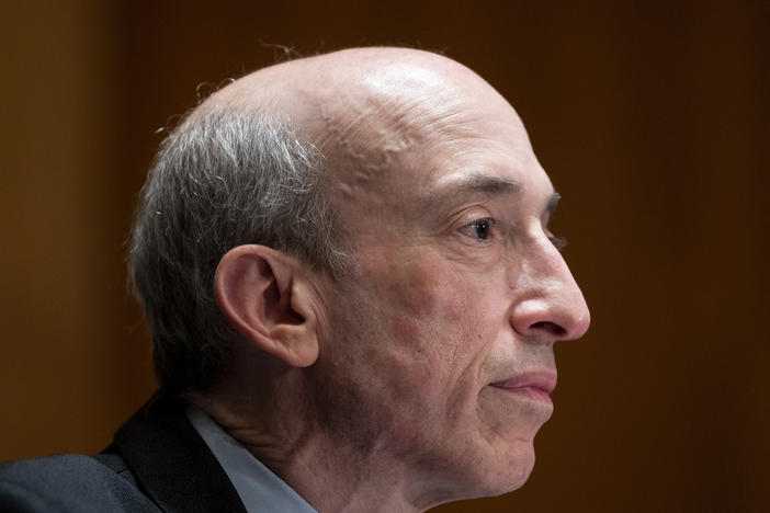 Securities and Exchange Commission Chairman Gary Gensler testifies before the Senate Banking Committee on Sept. 14. In an interview with NPR, Gensler said he's aiming to unveil tougher rules for SPACs, a hot trend in Wall Street, by early next year.