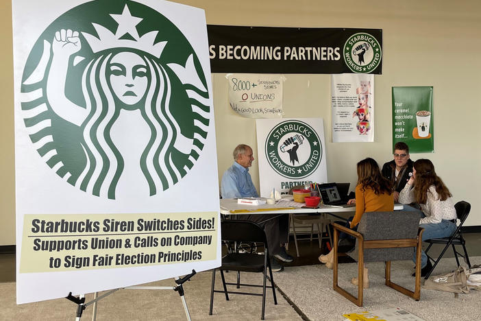 Starbucks workers and organizers in Buffalo, N.Y., discuss efforts to unionize three local stores on Oct. 28.