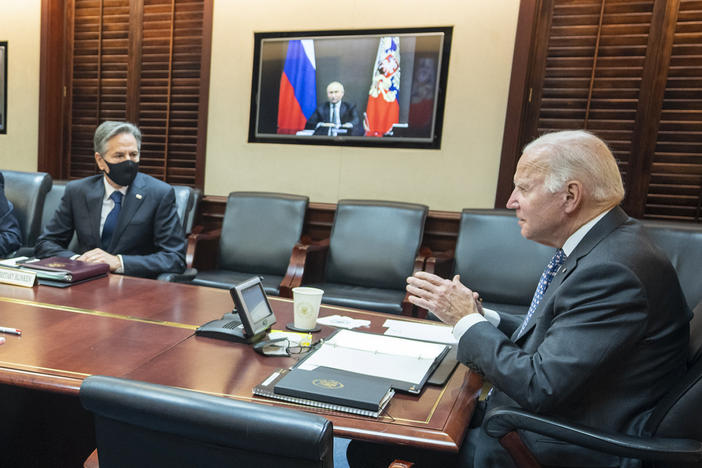 President Biden meets virtually with Russian President Vladimir Putin on Tuesday.
