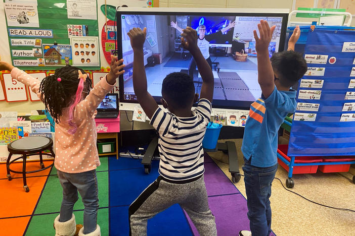 Music educator Monica Levin teaches via video conference at Frances Fuchs Early Childhood Center in Prince George's County, Maryland.