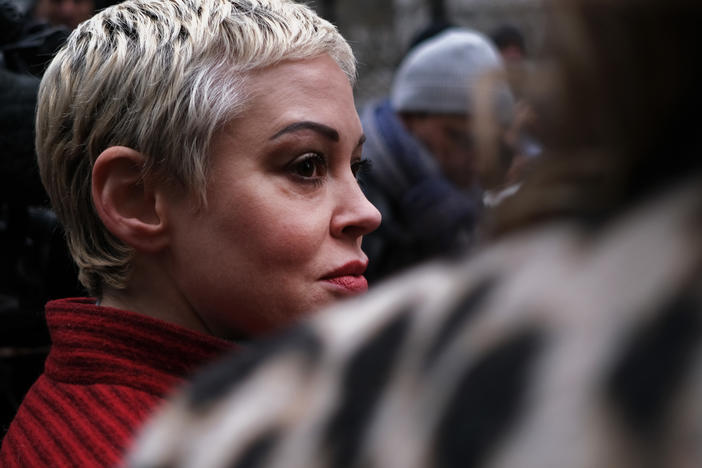 Actor Rose McGowan, who accused Weinstein of raping her more two two decades ago and then of destroying her career, joins other accusers and protesters as Harvey Weinstein arrives at a Manhattan court house for the start of his January 2020 trial in New York City.