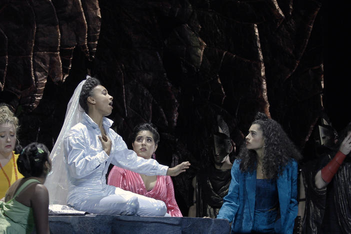 Iphigenia, played by esperanza spalding, prepares for her sacrifice. From Wayne Shorter and spalding's opera, <em>...(Iphigenia)</em>.