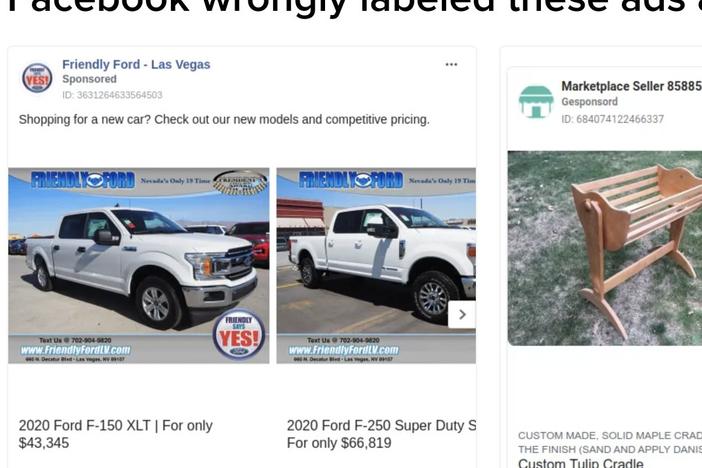 Researchers highlighted ads they say Facebook failed to recognize as not being political, including an ad for a new Ford pickup truck.