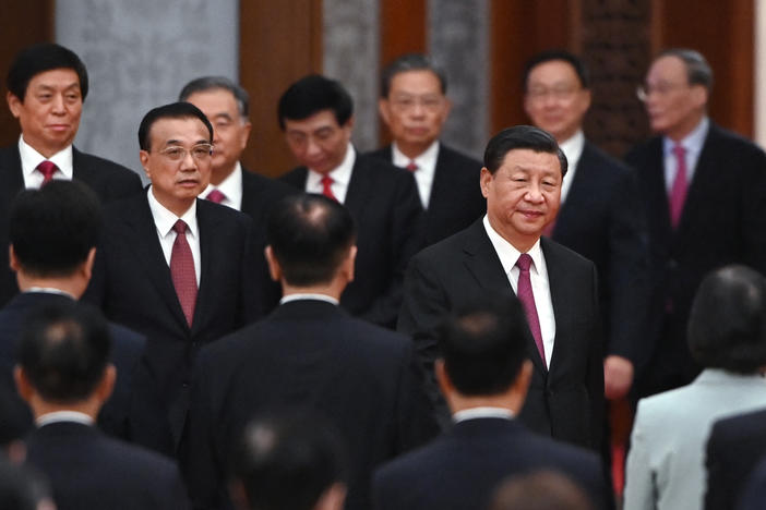 Chinese President Xi Jinping (right) with Premier Li Keqiang (left) and members of the Politburo Standing Committee at the Great Hall of the People in Beijing on the eve of China's National Day on Sept. 30.