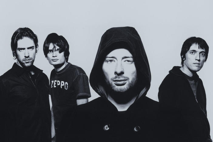 Radiohead circa 2000. Singer Thom Yorke (second from right) says that as much as the albums <em>Kid A</em> and <em>Amnesiac</em> channel the dread that loomed over their moment, they are also full of hope that another world is possible.