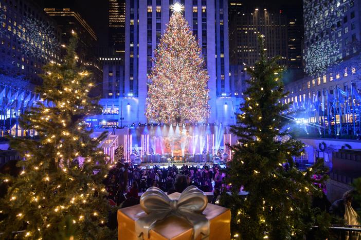 The Christmas tree at the Rockefeller Center is lit during a ceremony in New York on December 1, 2021.
