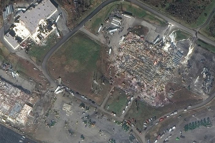 <strong>BEFORE</strong> (left): Overview of Mayfield Consumer Products Candle Factory and nearby buildings before the tornado on Jan. 28, 2017. <strong>AFTER</strong> (right) Overview of the damage to the Mayfield Consumer Products Candle Factory and nearby buildings after the tornado on Dec. 11, 2021.
