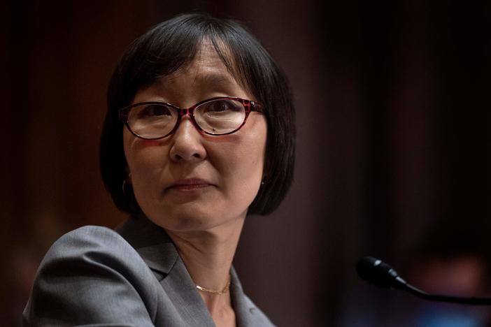 Saule Omarova testifies before the Senate Banking Committee on Nov. 18 during her nomination hearing to head the Office of the Comptroller of the Currency. Days after withdrawing her nomination, Omarova blamed banks for leading the opposition against her in an interview with NPR's Morning Edition.