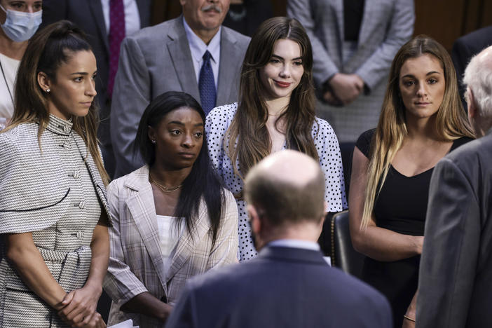 From left, U.S. Olympic gymnasts Aly Raisman, Simone Biles, McKayla Maroney and NCAA and world champion gymnast Maggie Nichols are shown after their testimony during a Senate Judiciary hearing on Sept. 15 about the FBI handling of the investigation of Larry Nassar's sexual abuse of gymnasts.