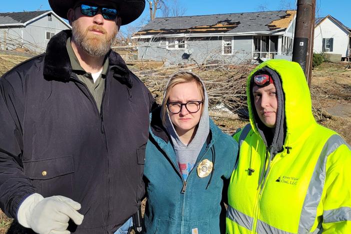 Chief Geoffrey Deibler and dispatchers Meghan Collier (center) and Bobbie Brown of the Morganfield Police Department traveled to nearby Dawson Springs, Ky., to help look for survivors.