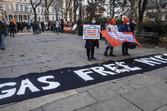 Climate activists from the #GasFreeNYC coalition and elected officials rally and hold a news conference outside City Hall ahead of the vote on legislation that would ban natural gas hookups in newly constructed buildings.