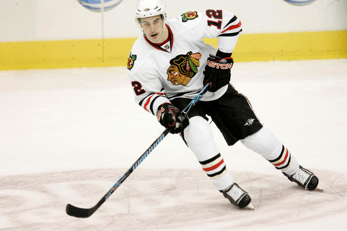 Former Chicago Blackhawks Kyle Beach player is shown here during a preseason NHL hockey game in 2008 in Dallas.