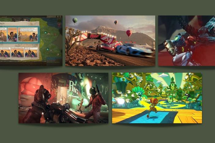 (Clockwise) Wildermyth, Forza Horizon 5, Metroid Dread, Deathloop, Psychonauts 2