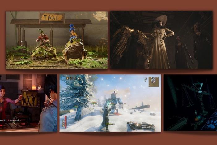(Clockwise) It Takes Two, Resident Evil 8: Village, Life is Strange: True Colors, Valheim and Inscryption
