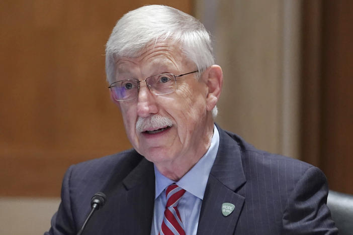 NIH Director Dr. Francis Collins, seen testifying before a Senate subcommittee in May, on Capitol Hill in Washington, D.C. Collins' last day on the job is Sunday.