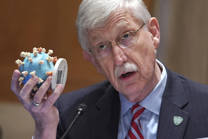 NIH Director Dr. Francis Collins holds up a model of the coronavirus as he testifies before the Senate in May. Collins is retiring as director of the NIH.