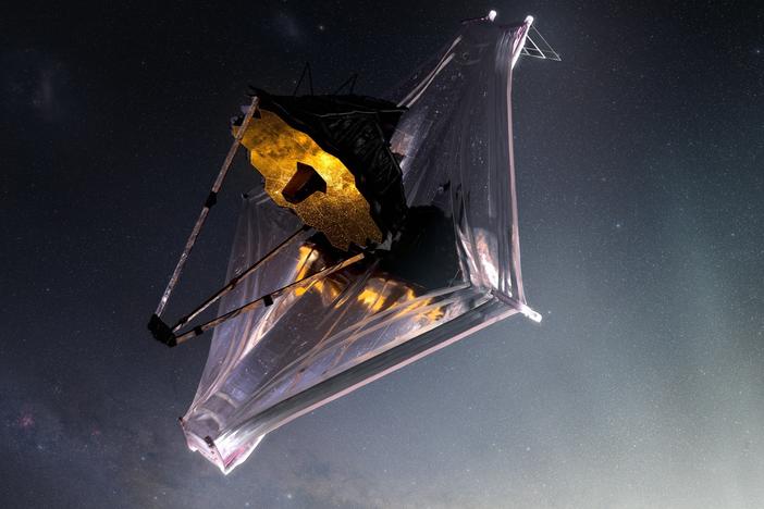 This is an artist's rendering of the James Webb Space Telescope. The kite-shaped sunshield is the largest component of the telescope.