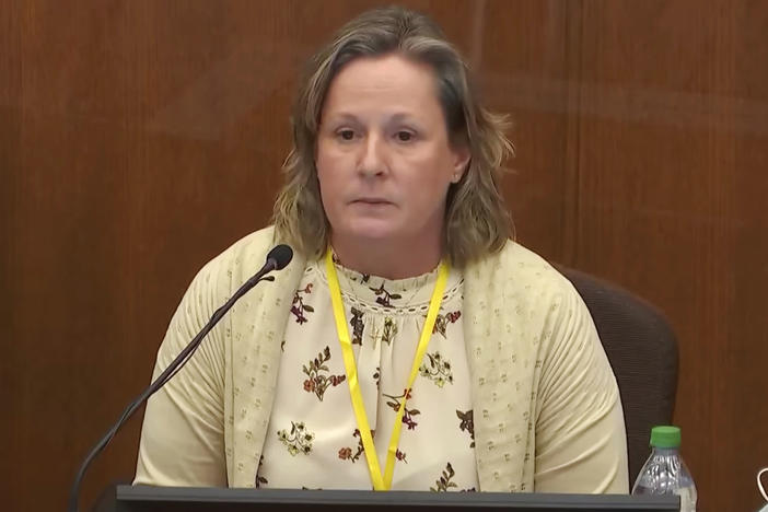 Former Brooklyn Center Police Officer Kim Potter testifies in court on Friday at the Hennepin County Courthouse in Minneapolis, Minn. Potter is charged with first and second-degree manslaughter in the April 11 shooting of Daunte Wright, a 20-year-old Black motorist, following a traffic stop.