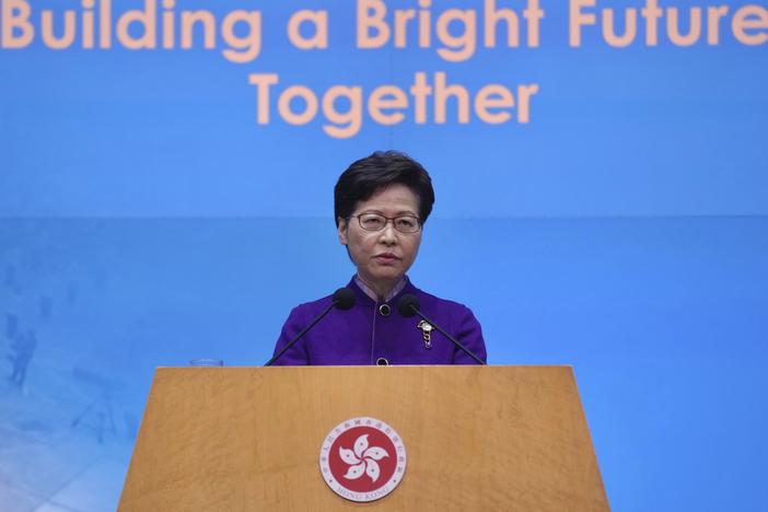 Hong Kong Chief Executive Carrie Lam listens to reporters' questions during a news conference in Hong Kong on Monday.