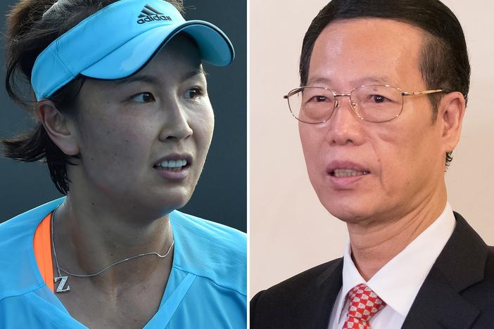 This combination of file photos shows tennis player Peng Shuai of China (L) during her women's singles first round match at the Australian Open tennis tournament in Melbourne in January 2017; and Chinese Vice Premier Zhang Gaoli (R) during a visit to Russia at the Saint Petersburg International Investment Forum in Saint Petersburg in 2015.