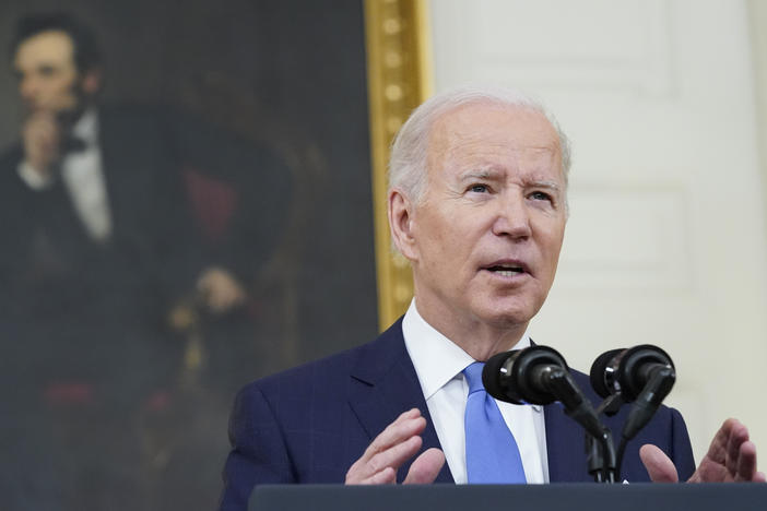 President Joe Biden speaks about the COVID-19 response and vaccinations on Tuesday in the State Dining Room of the White House.