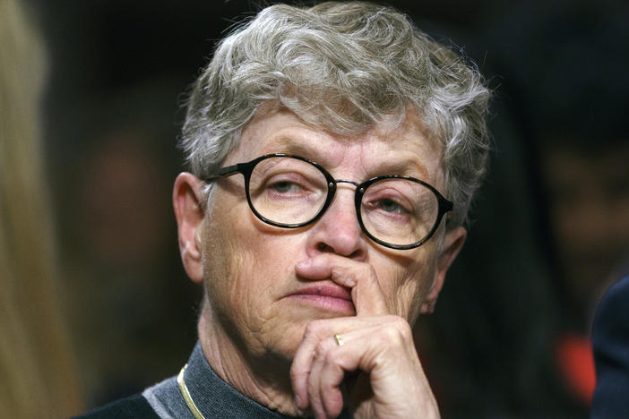 Former Michigan State President Lou Anna Simon pauses before testifying during a 2018 Senate subcommittee hearing in Washington, D.C., on preventing abuse in Olympic and amateur athletics.