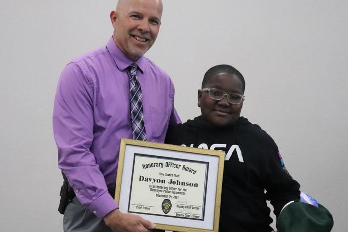The Muskogee Public Schools posted this image of Davyon Johnson last week to its Facebook page. The Muskogee Police Department and Muskogee County Sheriff's Office presented the 6th-grader with a certificate naming him as an honorary member of their force.