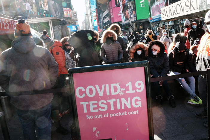 People wait in long lines in Times Square to get tested for COVID-19 on Monday. New York City, which was initially overwhelmed by the pandemic, has once again seen case numbers surge as the new omicron variant becomes dominant.