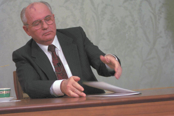 Soviet leader Mikhail Gorbachev closes his resignation speech after delivering it at the Kremlin in Moscow on Dec. 25, 1991. After 74 years, the Soviet Union was dissolved, breaking into 15 countries. But there's often been friction among the former Soviet republics, including the current confrontation between Russia and Ukraine.