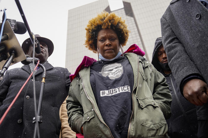 Naisha Wright, aunt of Daunte Wright, pauses after speaking during a news conference in April, in Minneapolis. Wright tells NPR that true justice would be to bring Daunte Wright back, but that Potter's conviction provides accountability.