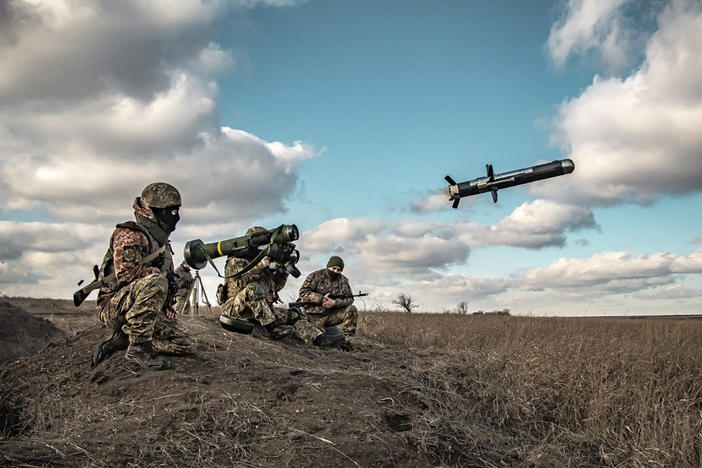 In an image released by Ukrainian Defense Ministry Press Service, Ukrainian soldiers use a launcher with U.S. Javelin missiles during military exercises in Donetsk region, Ukraine, on Thursday.