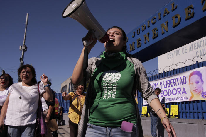 Protesters in San Salvador, on Dec. 13, 2017, demand El Salvador's government free women prisoners serving 30-year sentences for having an abortion.