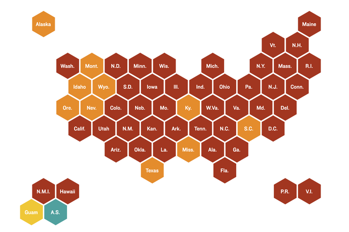 Map showing the COVID-19 risk level in each state.