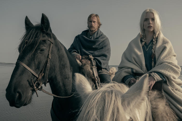 Alexander SkarsgÃ¥rd stars as Amleth and Anya Taylor-Joy as Olga in director Robert Eggers' Viking epic <em>The Northman</em>.