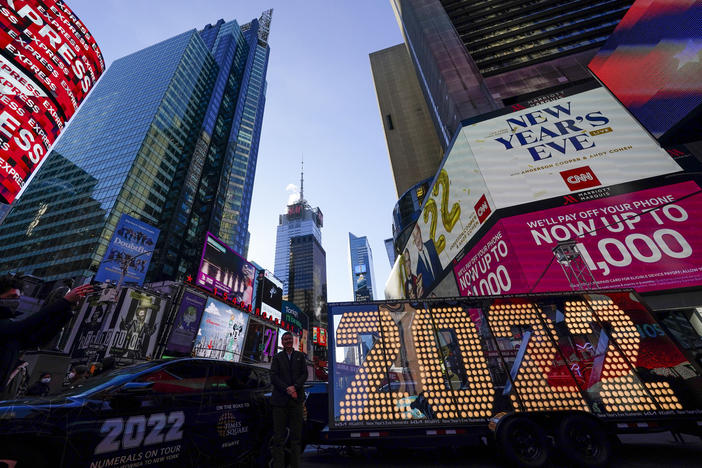 The 2022 sign that will be lit on top of a building on New Year's Eve is displayed in New York's Times Square earlier this month.