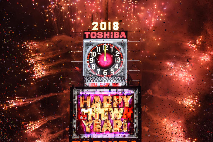 Fireworks explode in Times Square on New Year's Eve on January 1, 2018 in New York City.