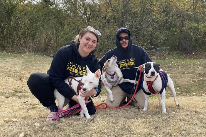 Taylor Korn, and her roommate, Jorge Zaragoza, with their dogs Gerti (left) and Gidget. The third dog is Scarlett, a rescue dog and the mother of the other two pups, belongs to Korn's friends and was elsewhere during the fire.