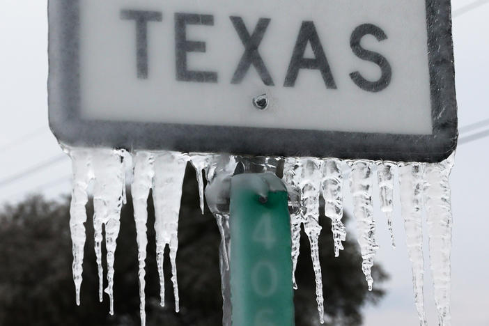 Icicles hang off the State Highway 195 sign in Feb. 2021 in Killeen, Texas.
