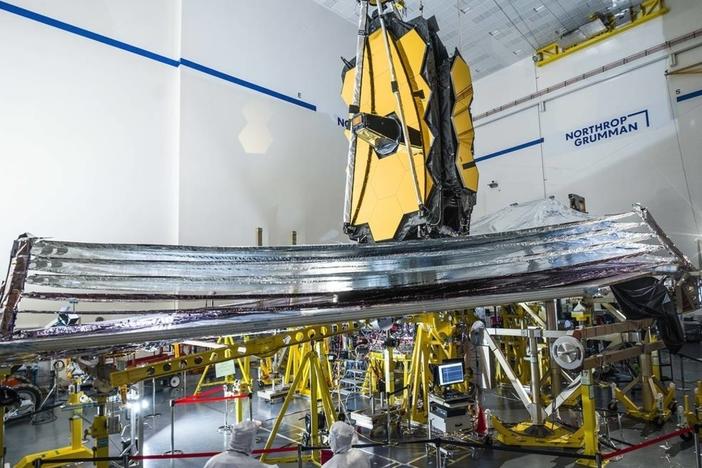 On Tuesday, engineers successfully finished deploying the James Webb Space Telescope's sunshield, seen here during testing in December 2020 at Northrop Grumman in Redondo Beach, Calif.