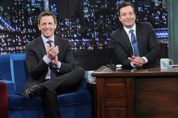 Seth Meyers and host Jimmy Fallon appear on <em>Late Night With Jimmy Fallon</em> on Jan. 28, 2014, in New York City.