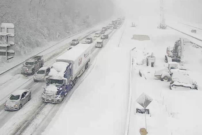 This image provided by the Virginia department of Transportation shows a closed section of Interstate 95 near Fredericksburg, Va., on Monday.