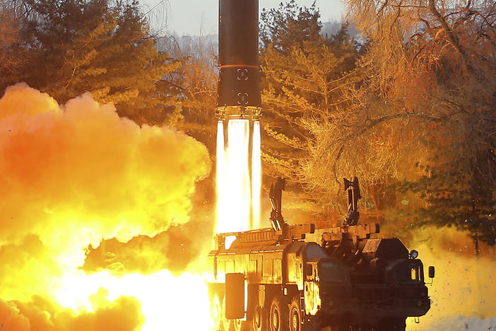 This photo provided by the North Korean government shows what it says was a test launch of a hypersonic missile in North Korea Wednesday, Jan. 5, 2022.